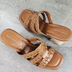 Marc Fisher Sandals Womens 11 M Melita Brown Slip on Strappy Slip-On Block Heels